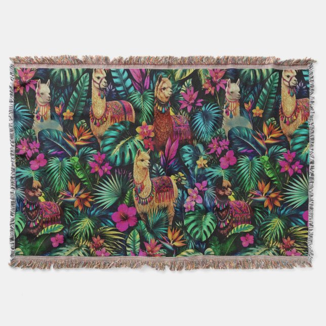 Llama Jungle Dreams Seamless Surface Pattern Throw Blanket (Front)