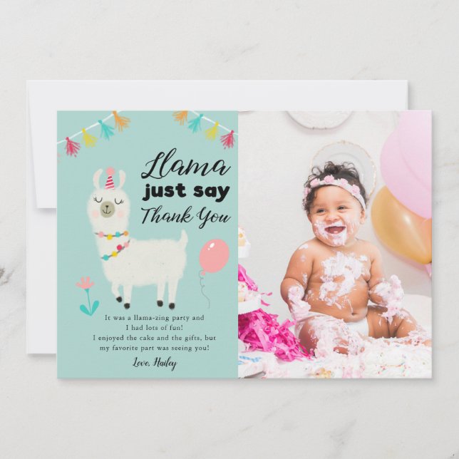 Llama Just Say Birthday Party Photo Thank You Card (Front)