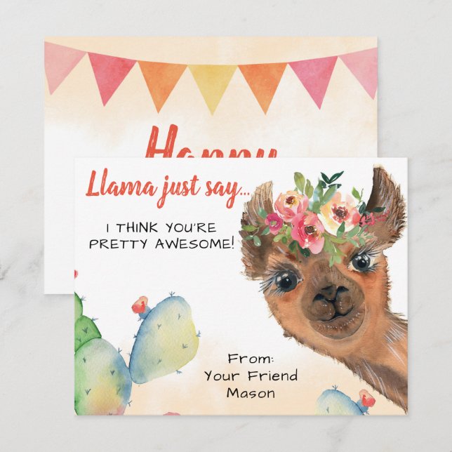 Llama Just Say Kids Classroom Valentine's Day Note Card (Front/Back)
