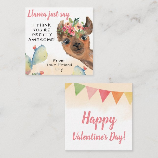 Llama Just Say Kids Classroom Valentine's Day Note Card (Front/Back)