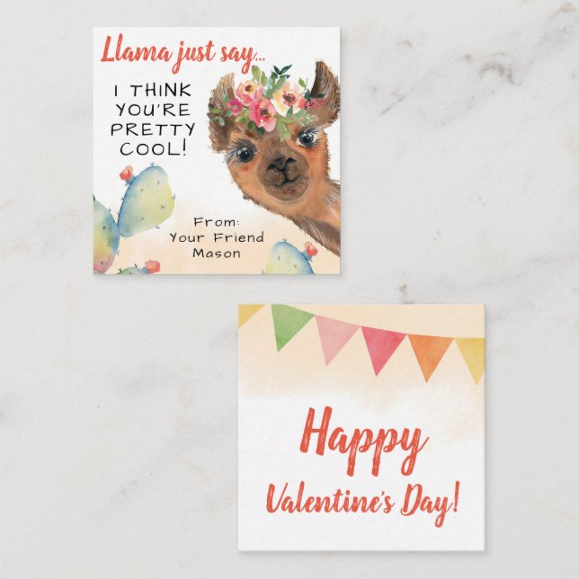 Llama Just Say Kids Classroom Valentine's Day Note Card (Front/Back)