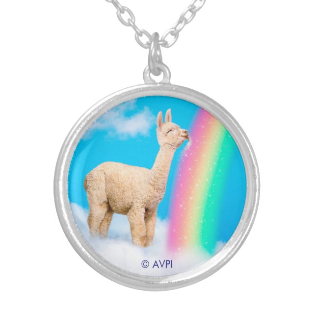 Llama Licking Rainbow Silver Plated Necklace (Front)