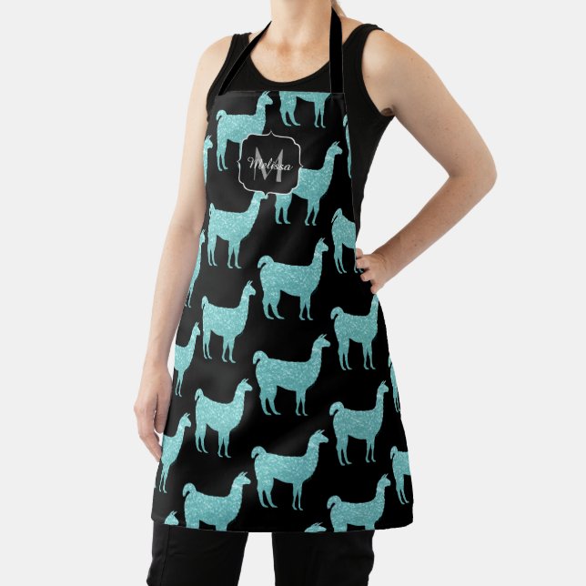Llama Light Turquoise Sparkles pattern Monogram Apron (Insitu)