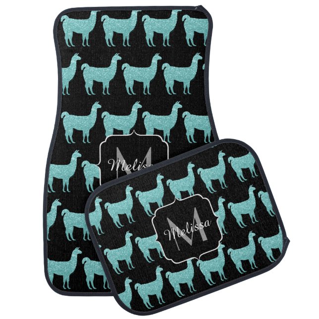 Llama Light Turquoise Sparkles pattern Monogram Car Floor Mat (Set)