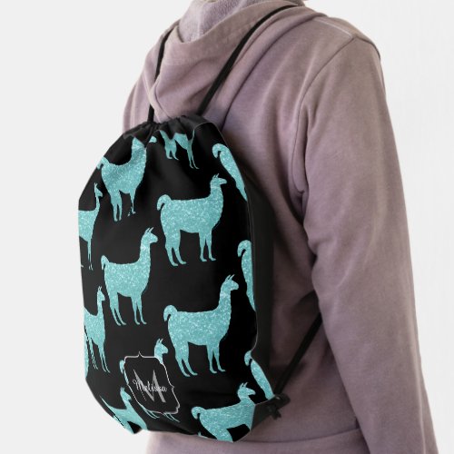 Llama Light Turquoise Sparkles pattern Monogram Drawstring Bag