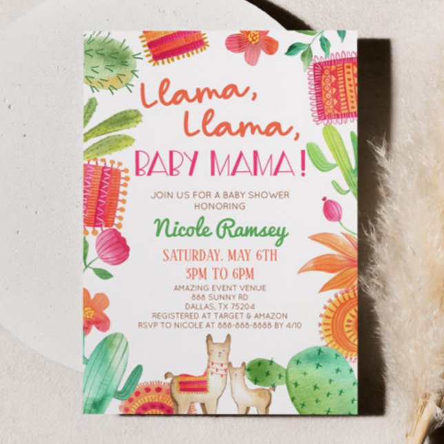 Llama Llama Baby Mama Cactus Fiesta Baby Shower Invitation (Creator Uploaded)