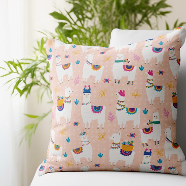 Llama Llama Cute Llama Pattern on Pink Throw Pillow (You'll stand out from the herd with this eye catching Llama pattern pillow.)