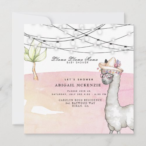 LLAMA LLAMA MAMA Pink Confetti Baby Shower SQ Invitation