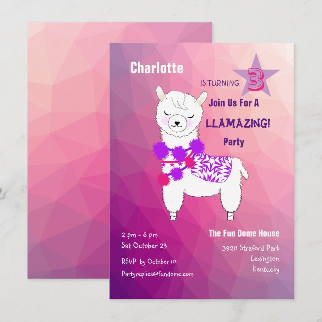 Llama Llamazing Girls Cute Birthday Party Invitation (Front/Back)
