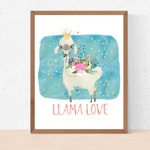 Llama Love Crown Watercolor Cute Kawaii Adorable Poster