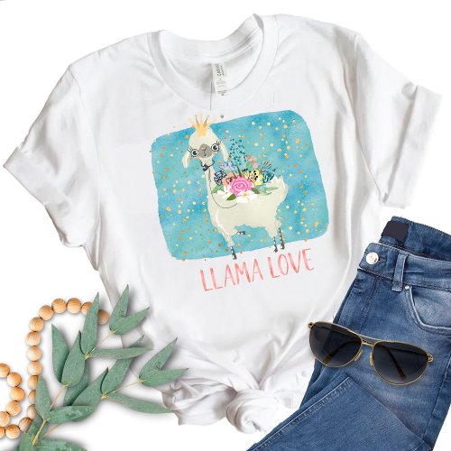 Llama Love Crown Watercolor Cute Kawaii Adorable  T_Shirt