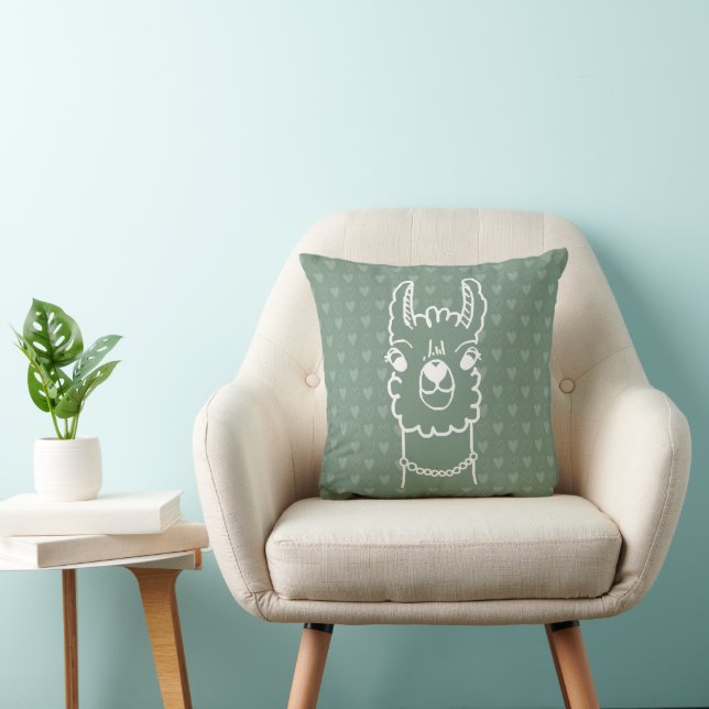Llama Love Girl Sage Green Throw Pillow (Chair)
