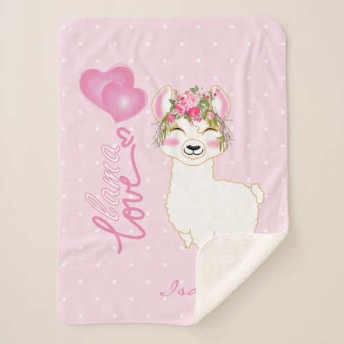 Llama Love in Pink Floral Design Sherpa Blanket