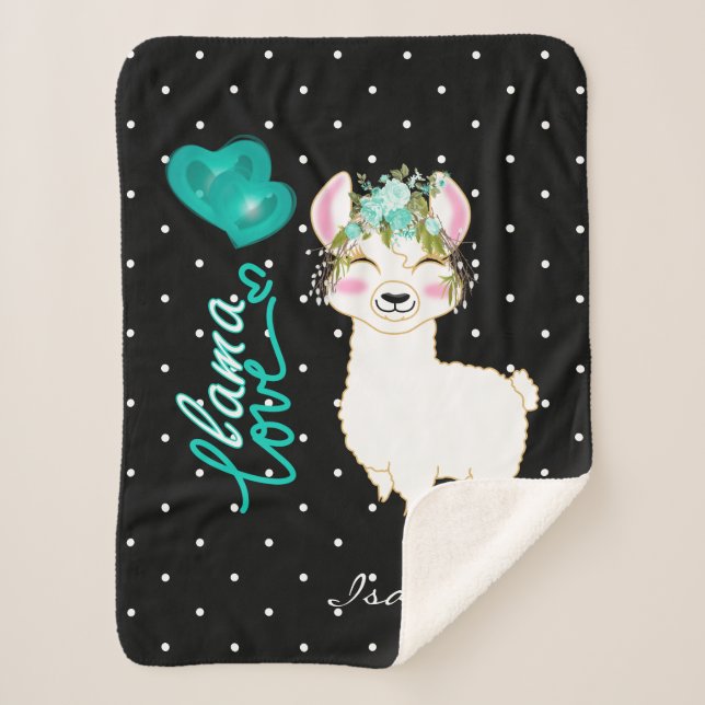 Llama Love in Teal Floral Sherpa Blanket (Front)
