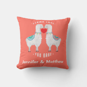 Llama Love You Babe Coral Custom Couples Names Throw Pillow