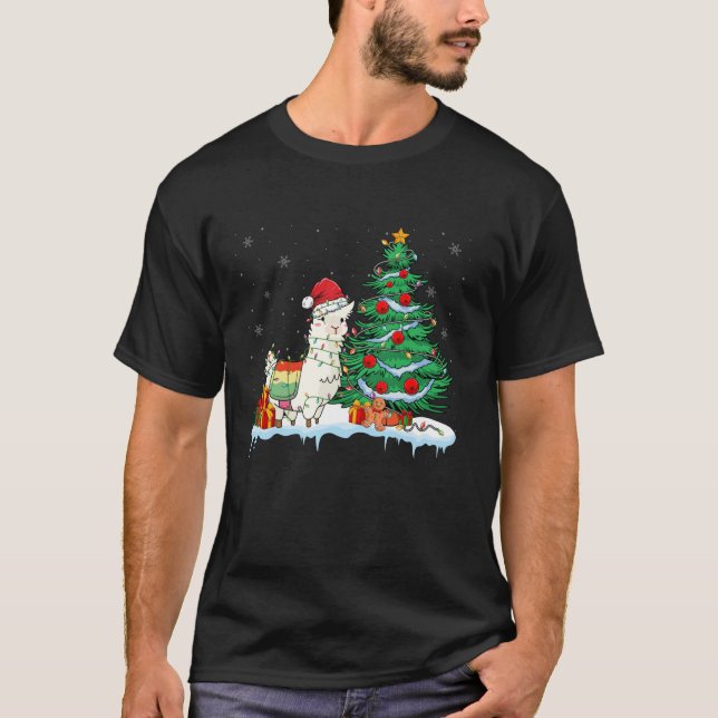 Llama Lover Christmas Llama Wearing Santa Hat Xmas T-Shirt (Front)