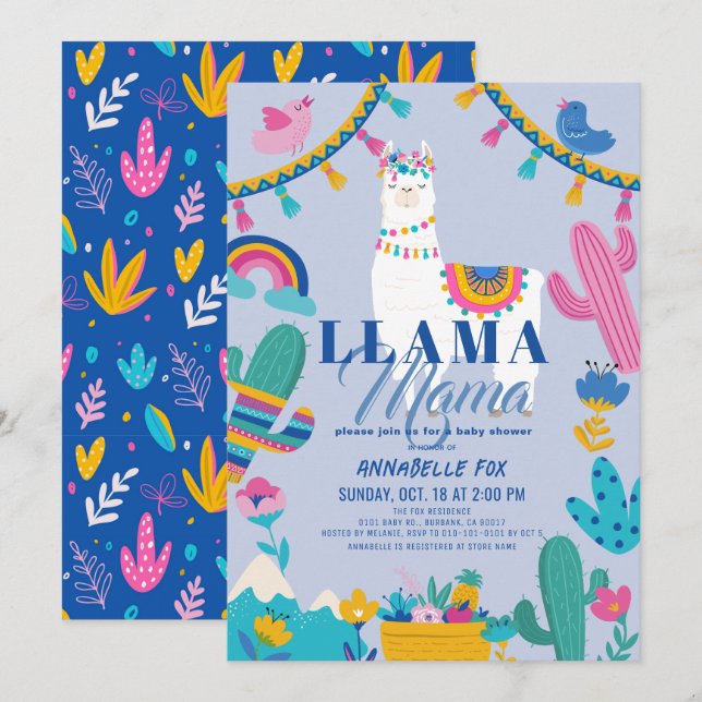 Llama Mama Alpaca Cactus Blue Boy Baby Shower Invitation (Front/Back)