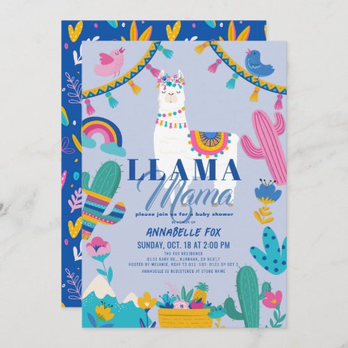 Llama Mama Alpaca Cactus Blue Boy Baby Shower Invitation