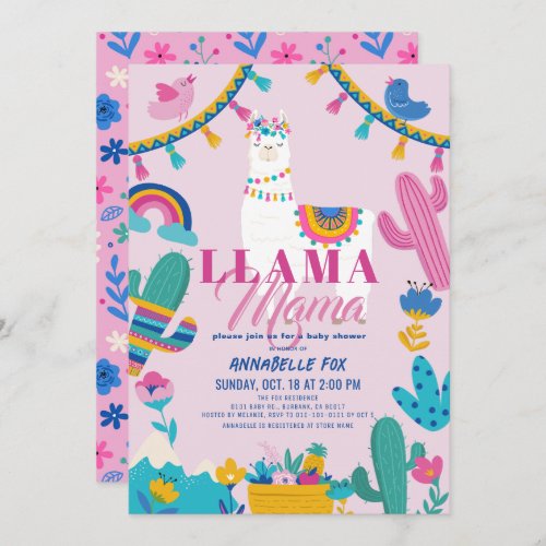 Llama Mama Alpaca Cactus Girl Pink Baby Shower Invitation