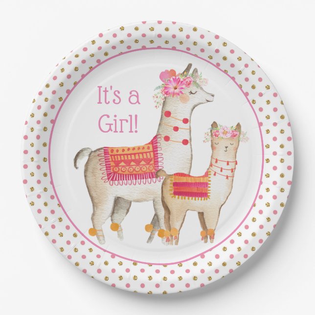 Llama Mama Baby Girl Baby Shower Paper Plates (Front)