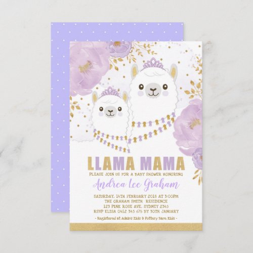 Llama Mama Baby Shower  Purple Gold Floral Fiesta Invitation