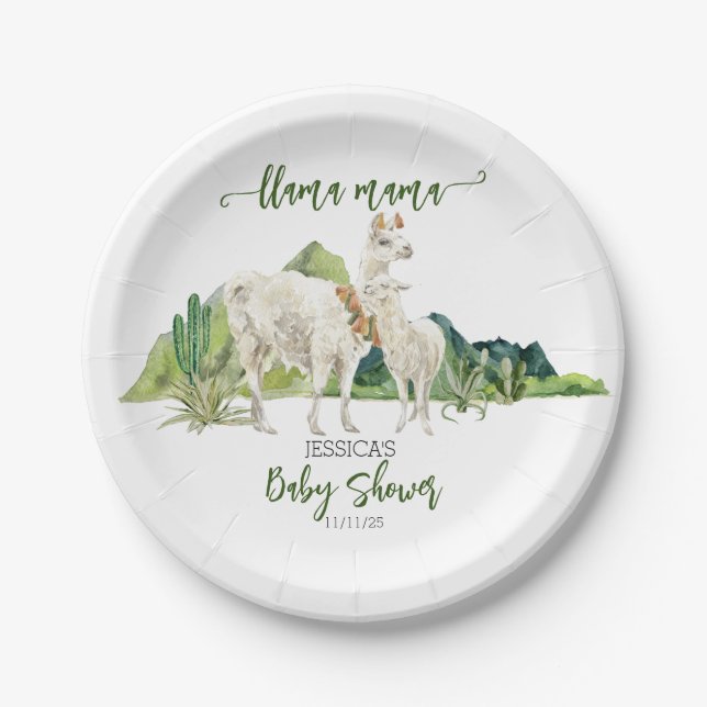 Llama Mama Baby Shower Watercolor   Paper Plates (Front)
