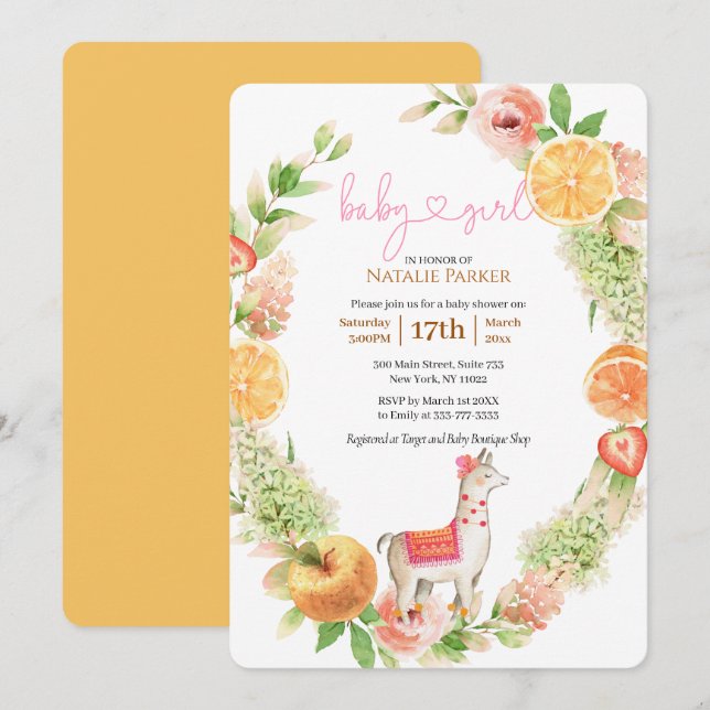 Llama Mama Citrus Floral Greenery Baby Girl Shower Invitation (Front/Back)
