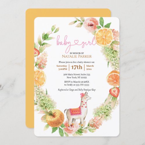 Llama Mama Citrus Floral Greenery Baby Girl Shower Invitation