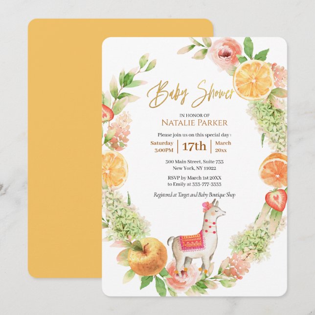 Llama Mama Citrus Floral Greenery Baby Shower Invitation (Front/Back)