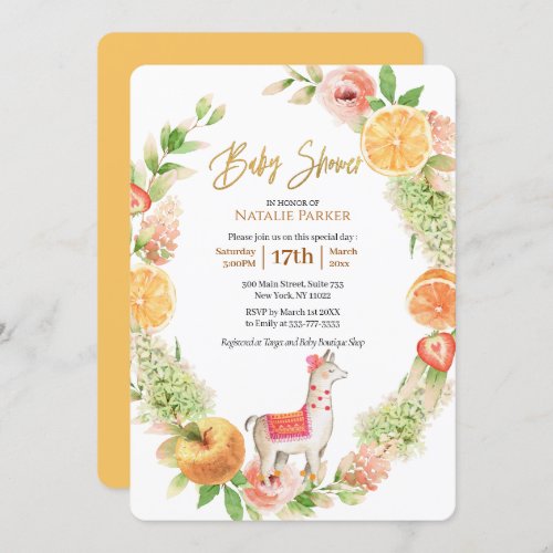 Llama Mama Citrus Floral Greenery Baby Shower Invitation