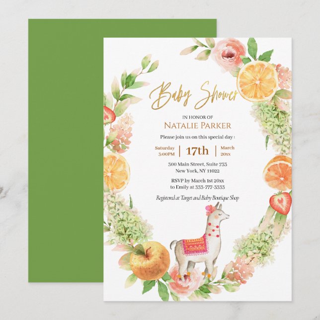 Llama Mama Citrus Floral Greenery Baby Shower Invitation (Front/Back)