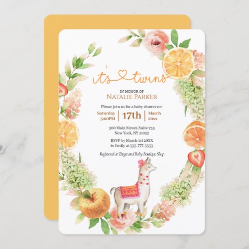 Llama Mama Citrus Floral Greenery Baby Twin Shower Invitation