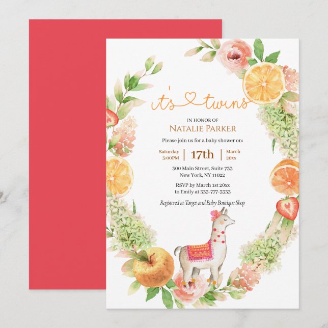 Llama Mama Citrus Floral Greenery Baby Twin Shower Invitation (Front/Back)