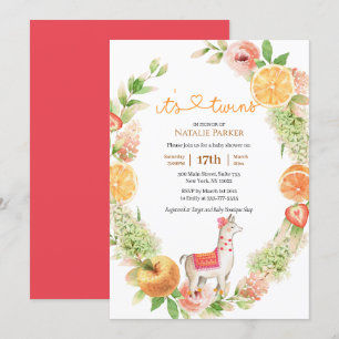 Llama Mama Citrus Floral Greenery Baby Twin Shower Invitation