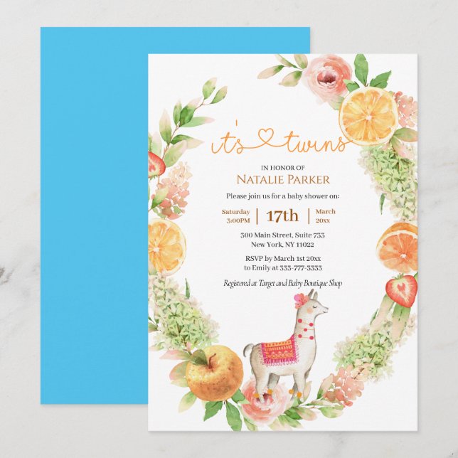Llama Mama Citrus Greenery Twin Boys Baby Shower Invitation (Front/Back)
