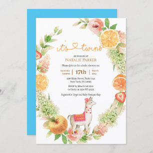 Llama Mama Citrus Greenery Twin Boys Baby Shower Invitation