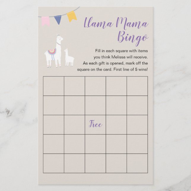 Llama Mama Cute Baby Shower Bingo Game Flyer (Front)