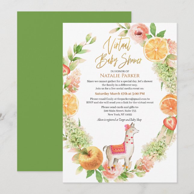 Llama Mama Floral Greenery Virtual Baby Shower  Invitation (Front/Back)