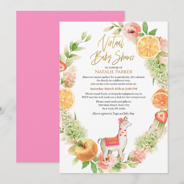 Llama Mama Floral Greenery Virtual Baby Shower Invitation (Front/Back)