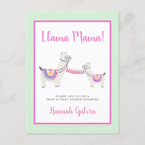 Llama Mama Hot Pink Green Drive By Baby Shower Invitation Postcard