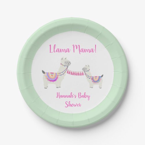 Llama Mama Hot Pink Mint Green Cute Baby Shower Paper Plates