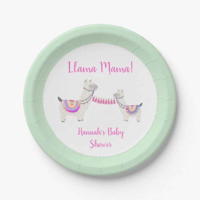 Llama Mama Hot Pink Mint Green Cute Baby Shower Paper Plates (Front)