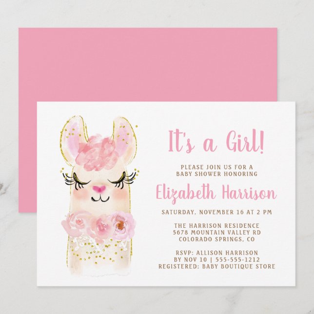 Llama Mama Pink Baby Girl Shower Invitation (Front/Back)