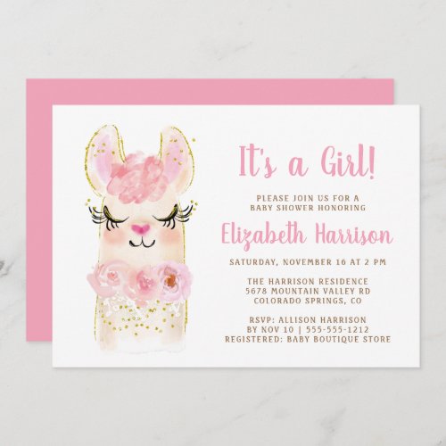 Llama Mama Pink Baby Girl Shower Invitation