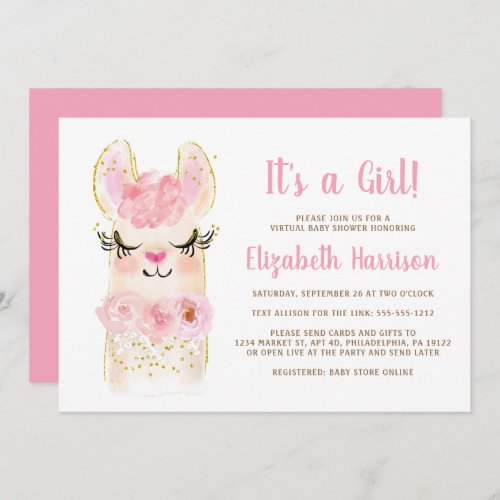 Llama Mama Pink Baby Girl Virtual Shower Invitatio Invitation