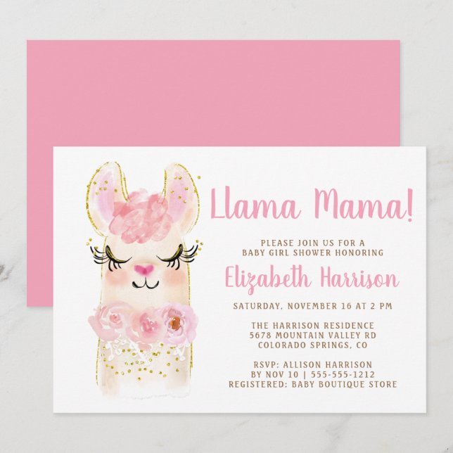 Llama Mama Pink Baby Shower Invitation (Front/Back)