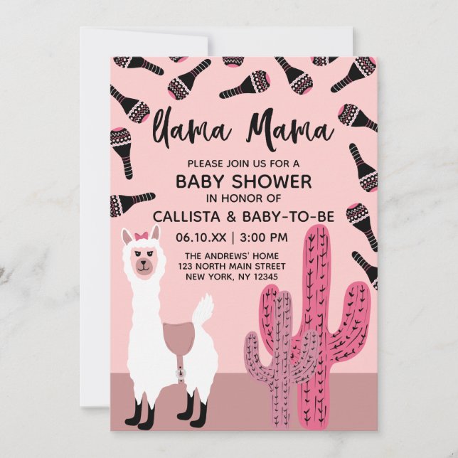 Llama Mama Pink Cute Cactus Maraca Baby Shower Invitation (Front)