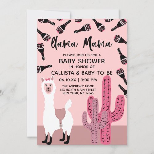 Llama Mama Pink Cute Cactus Maraca Baby Shower Invitation