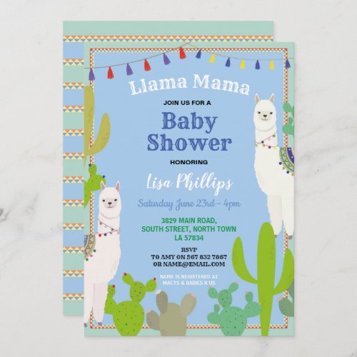 Llama Mama Watercolor Baby Shower Blue Cactus Invitation