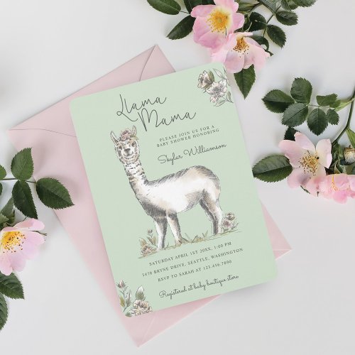 Llama Mamma Watercolor Llama Sketch Baby Shower In Invitation